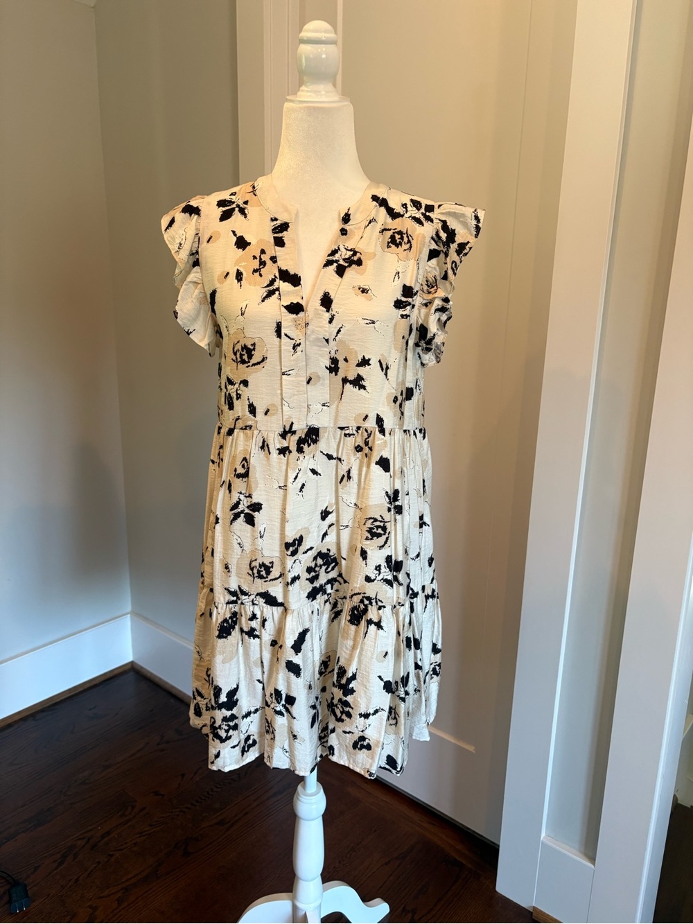 TCEC Ivory and Black Floral Tiered Mini Dress